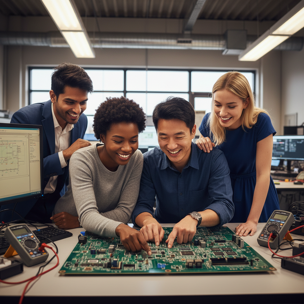 Team collaborating over electronics and circuit board