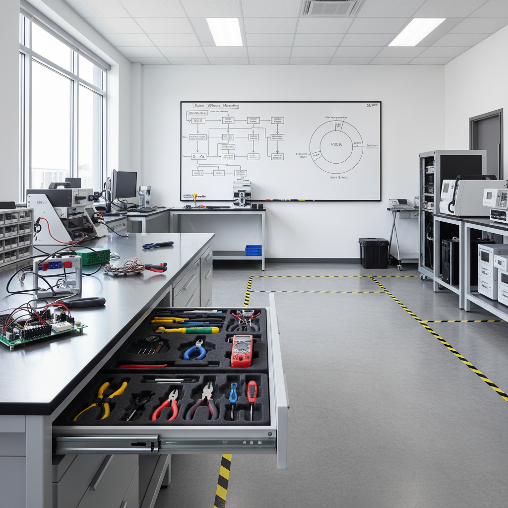 Electronics research lab with tools and whiteboard diagrams