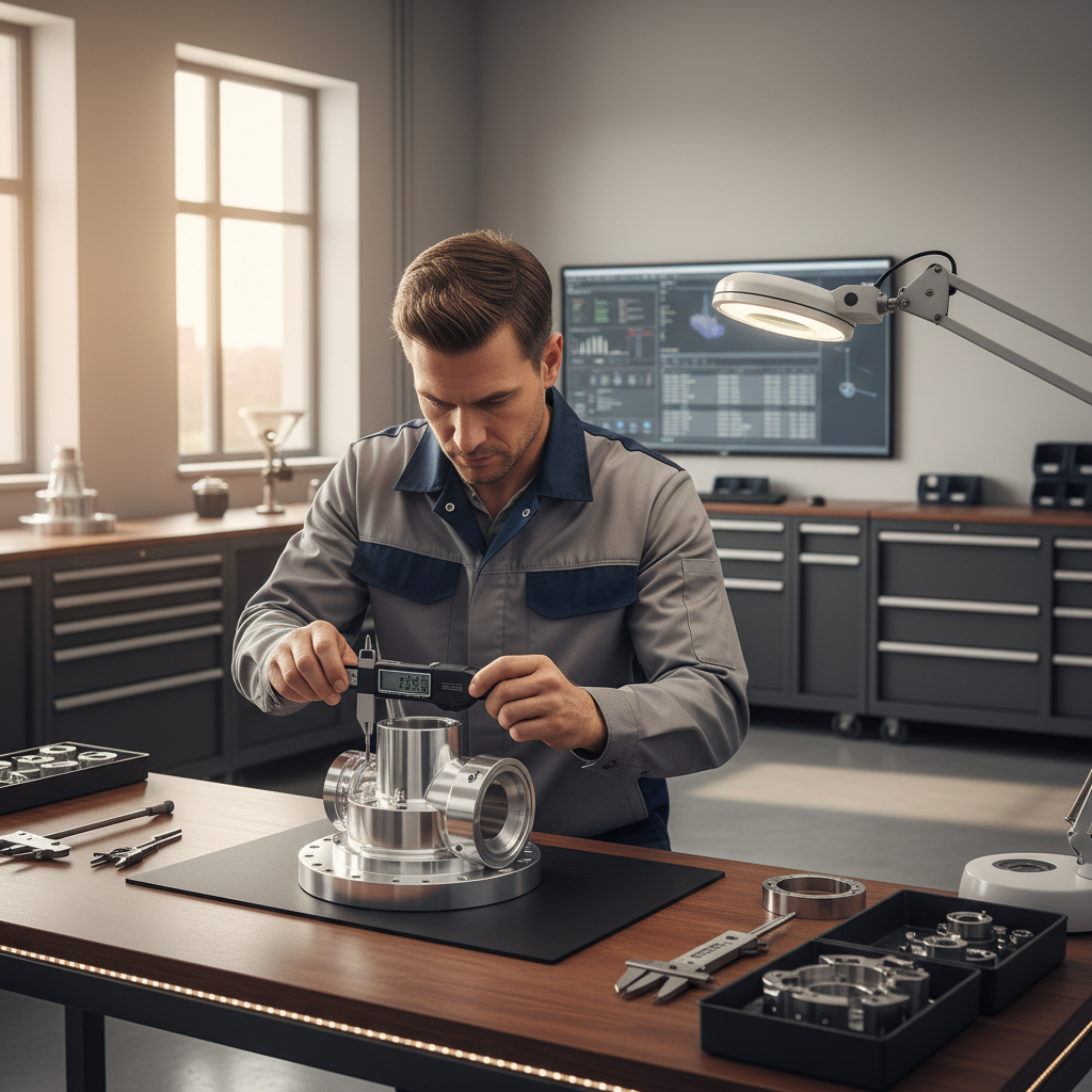 Technician measuring precision aerospace component with calipers