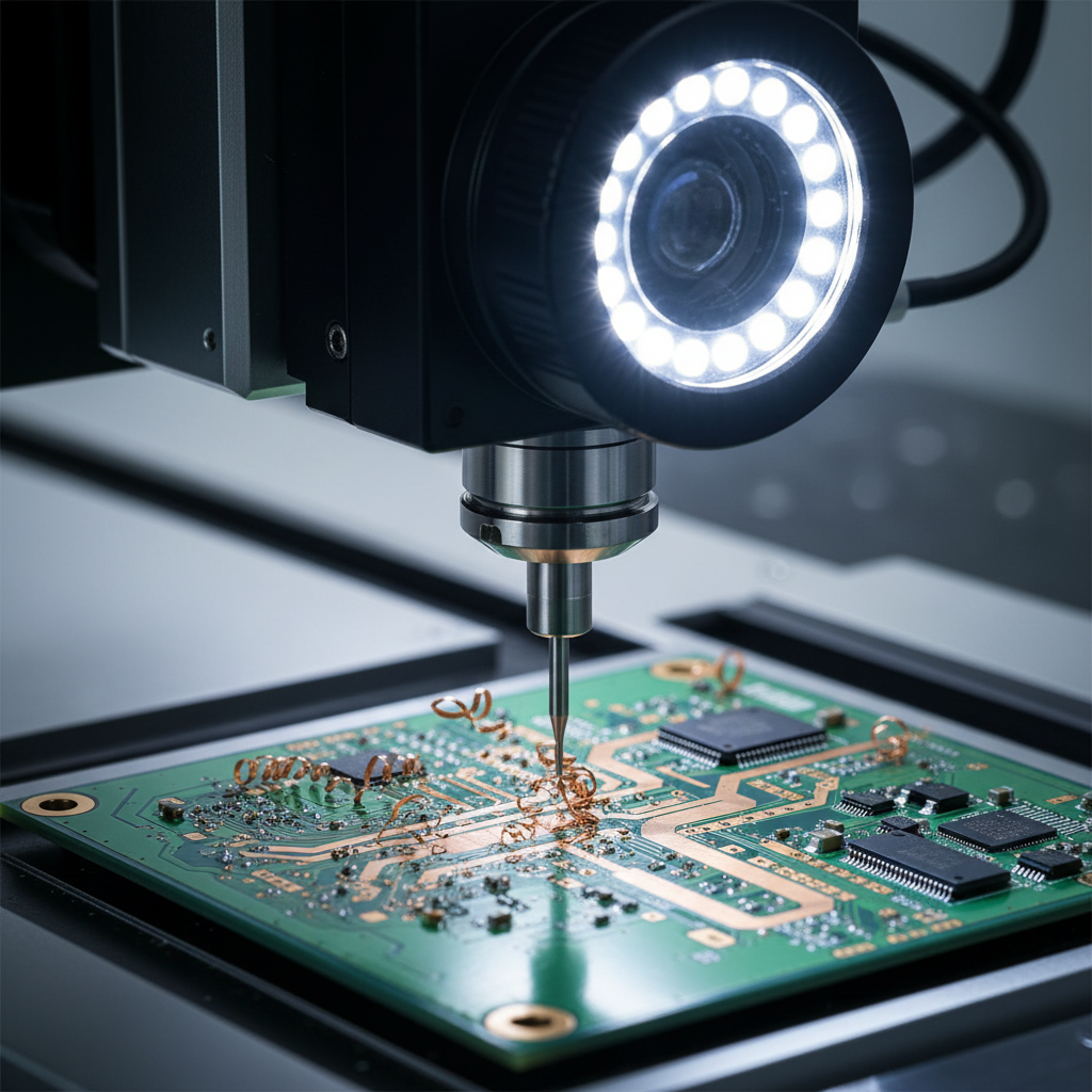 CNC tool with LED ring light working on populated circuit board