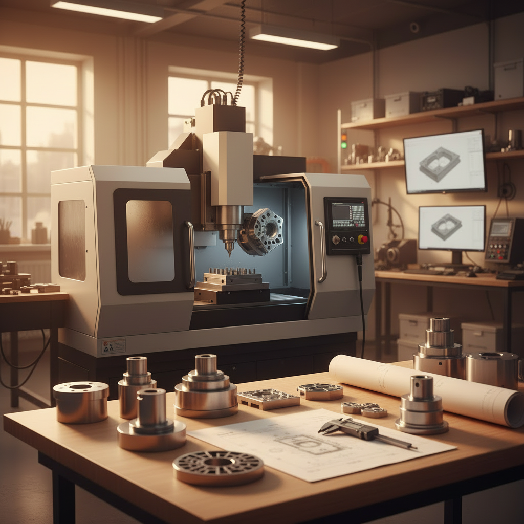 CNC machine shop with machined parts and CAD displays