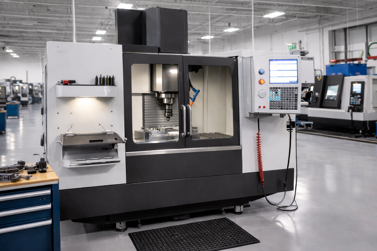 CNC machine with open doors in clean shop