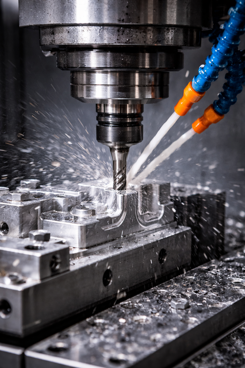 CNC milling operation with coolant spray