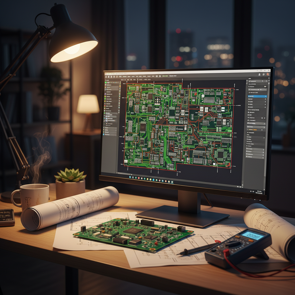 PCB design software on monitor with engineering drawings