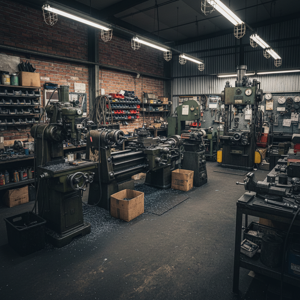 Traditional cluttered machine shop with multiple manual machines