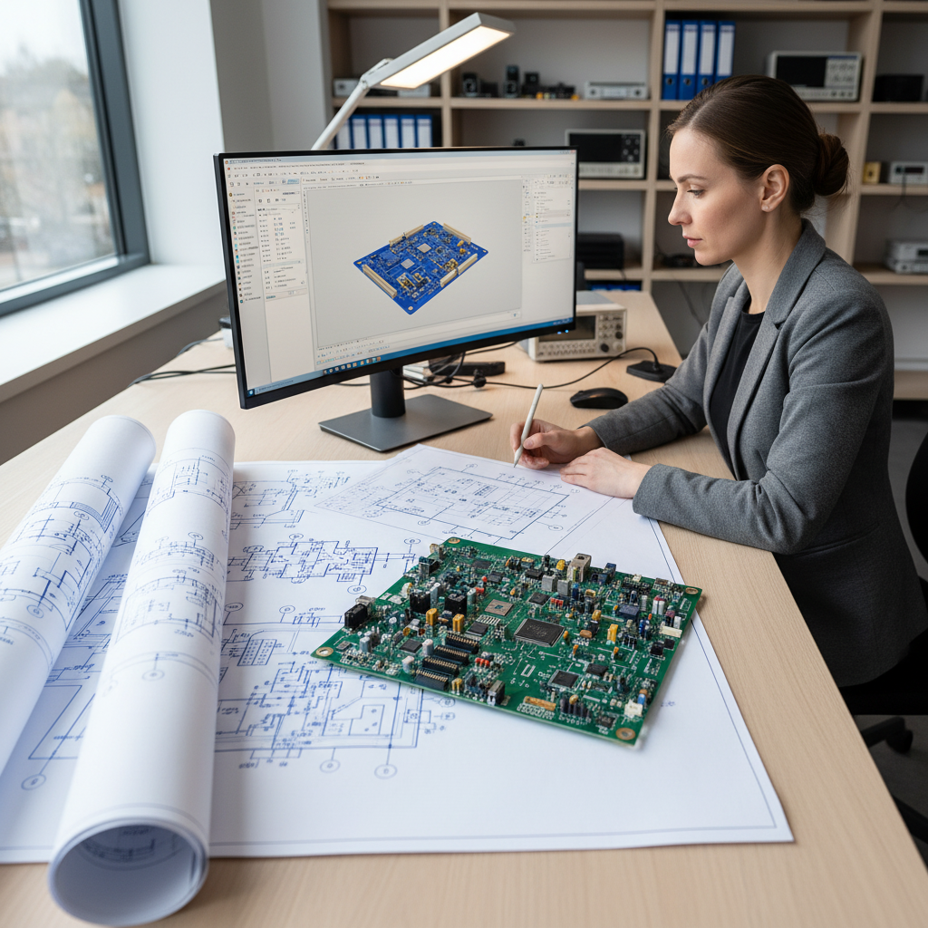 Engineering workspace with PCB designs and blueprints